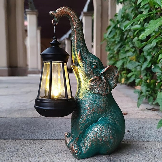 Solar Elephant Garden Statue with Lantern - 10.8-Inch Good Luck Resin Decor