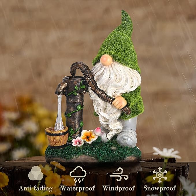 Solar-powered resin garden gnome decor with green cap, white beard, and glowing lantern in rain