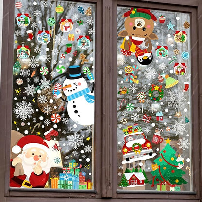 Christmas window cling decals with snowman, Santa, tree and ornament icons on glass