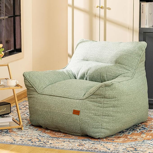 Sage Green Chenille Memory Foam Bean Bag Armchair - Deep Recline Lounge Chair with Armrests for Reading Nook, Nursery, and Boho Bedroom