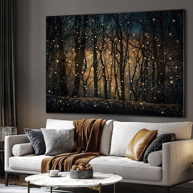 Magical Firefly Night Forest Framed Wall Art – 36"x46" Enchanted Woodland Scene | Wide Format Statement Decor for Living Room & Bedroom