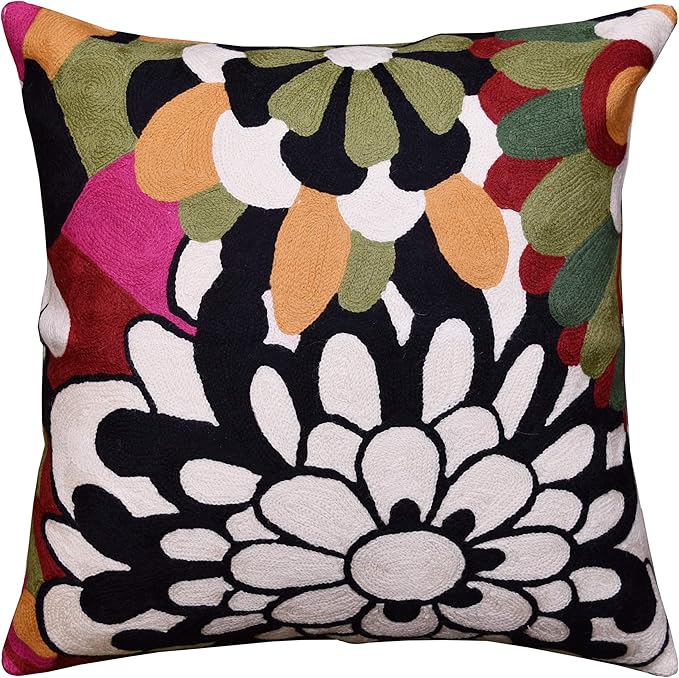 Embroidered floral pillow cover with black, white, multicolor petal pattern, 18x18