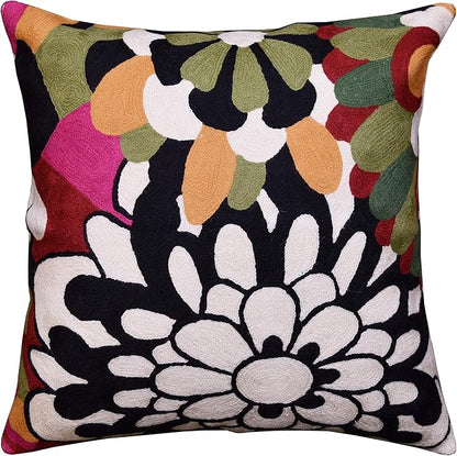 Embroidered floral pillow cover with black, white, multicolor petal pattern, 18x18