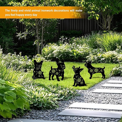 Set of 4 black metal dog silhouette garden stakes with floral cutout motifs