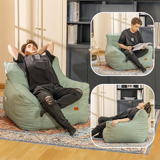 Sage Green Chenille Memory Foam Bean Bag Armchair - Deep Recline Lounge Chair with Armrests for Reading Nook, Nursery, and Boho Bedroom