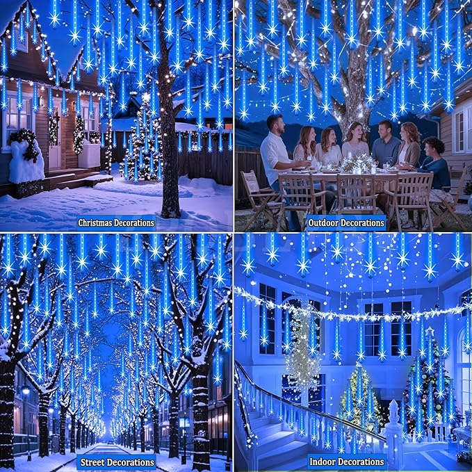Blue LED meteor shower curtain lights with hanging icicle strands over patio