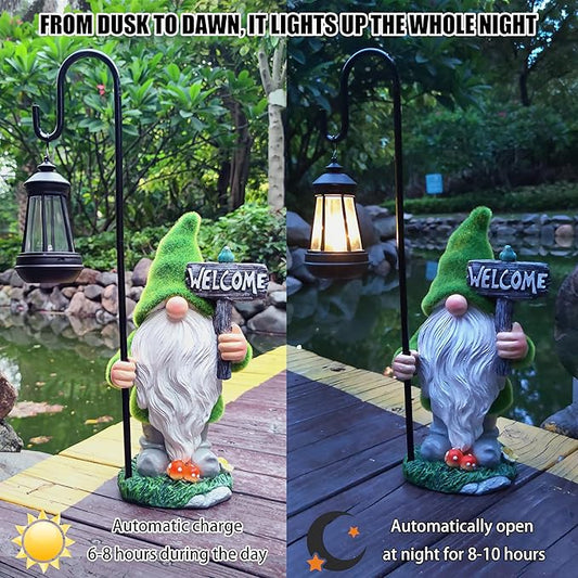 Set of two solar gnome garden statues with lanterns, green hats and "WELCOME" signs