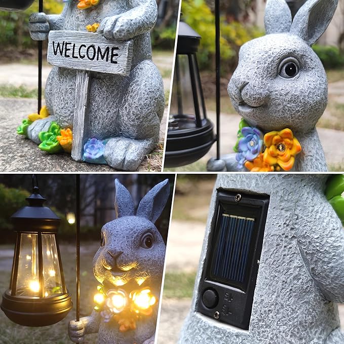 Solar Rabbit Garden Statue with Lantern and Welcome Sign - Resin Outdoor Decor