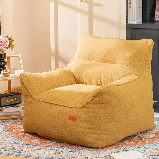 Mustard Chenille Cushioned Bean Bag Armchair - Structured Memory Foam Lounge Chair for Maximalist Interiors, Reading Nook, and Warm Eclectic Spaces