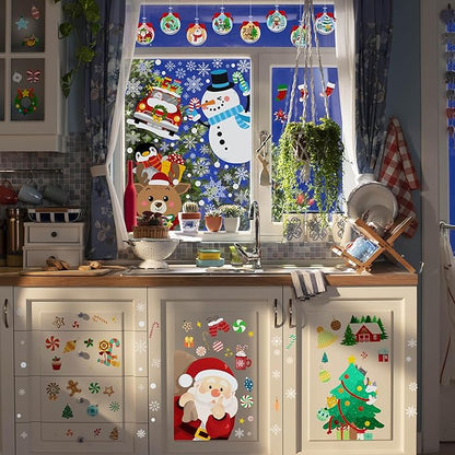 Christmas window clings on kitchen windows with snowman and tree designs in rows