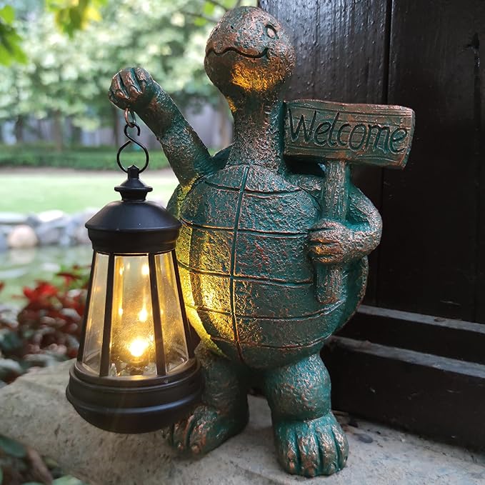 Solar Turtle Garden Statue with Welcome Sign and Lantern - 10-Inch Resin Decor