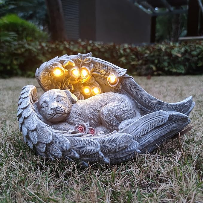 Solar Angel Dog Memorial Statue - Sleeping Dog with Angel Wings Resin Garden Decor