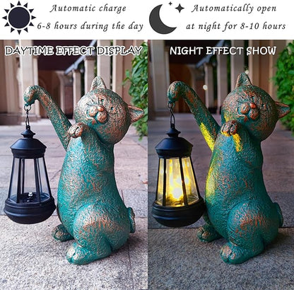 Solar Cat Garden Statue Holding Lantern - Resin Outdoor Decor with Warm Welcoming Glow