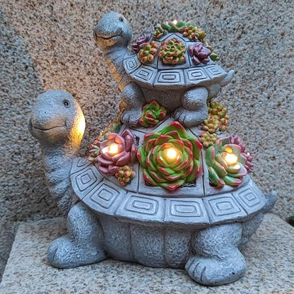 Mother and Baby Turtle Solar Garden Light - Hand-Painted Resin Figurine with 6 Warm White LEDs for Garden, Lawn, Patio, and Balcony