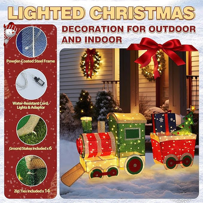 Packaged light-up Christmas train set with green engine, red cars, and gift decorations