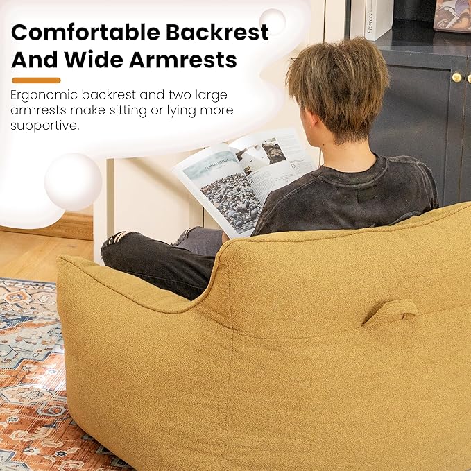 Mustard Chenille Cushioned Bean Bag Armchair - Structured Memory Foam Lounge Chair for Maximalist Interiors, Reading Nook, and Warm Eclectic Spaces