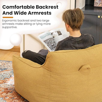 Mustard Chenille Cushioned Bean Bag Armchair - Structured Memory Foam Lounge Chair for Maximalist Interiors, Reading Nook, and Warm Eclectic Spaces