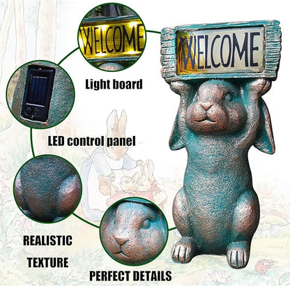 Solar Rabbit Garden Statue Holding Welcome Sign - 11.5-Inch Resin Porch and Garden Decor