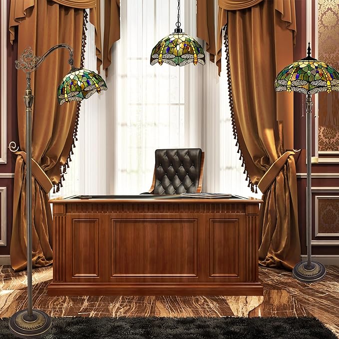 Living room floor lamp with multicolor stained glass shade and bronze pull chain