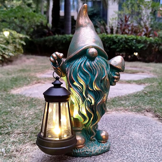 Solar lantern garden gnome statue with glowing lantern, teal wavy beard, bronze hat
