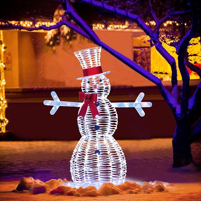 Outdoor iridescent snowman with glowing LEDs, red scarf, bow hat, and four lighted arm crosses