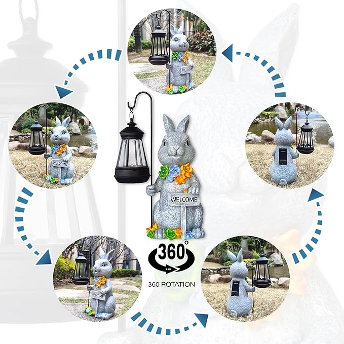 Solar Rabbit Garden Statue with Lantern and Flowers - 12-Inch UV-Resistant Resin Outdoor Decor