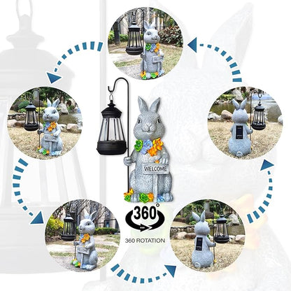 Solar Rabbit Garden Statue with Lantern and Flowers - 12-Inch UV-Resistant Resin Outdoor Decor