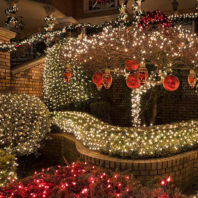 Warm white mini LED fairy string lights with green wire, outdoor arch and curtain effect