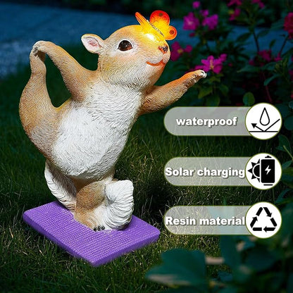 Solar Yoga Squirrel Garden Statue with Lighted Butterfly - IP44 Resin Outdoor Decor