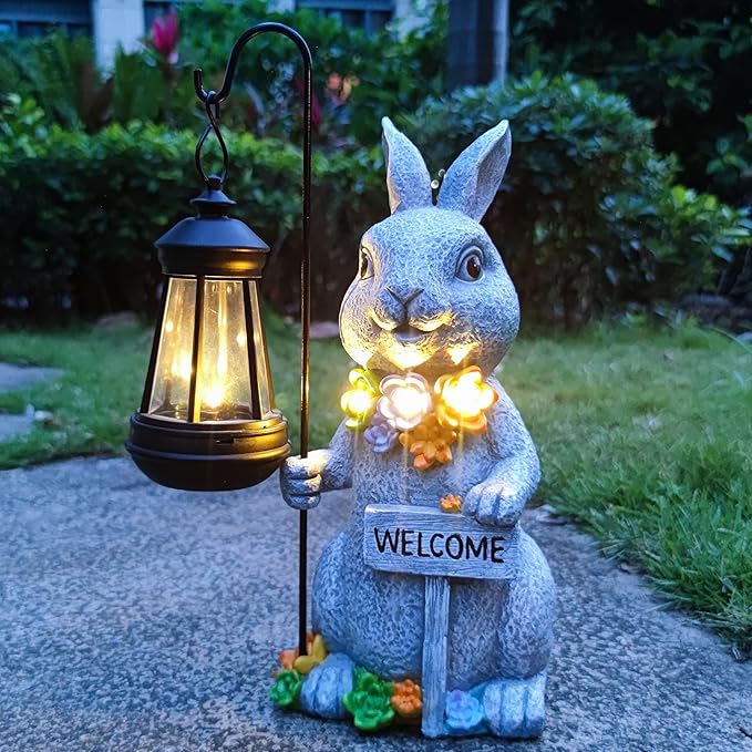 Solar Rabbit Garden Statue with Lantern and Welcome Sign - Resin Outdoor Decor