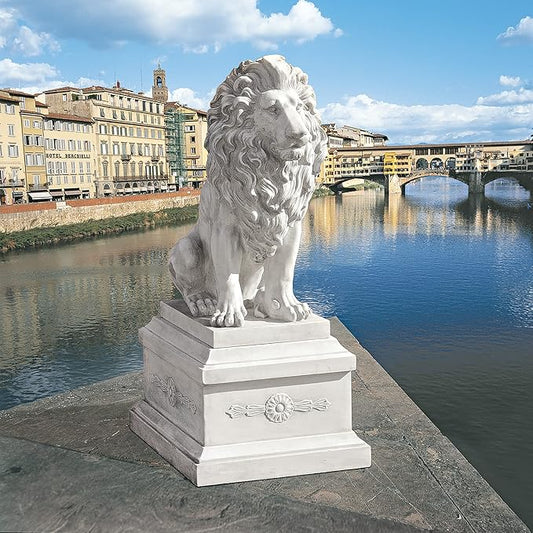 Lion of Florence Sentinel Statue with Garden Plinth - Antique Stone Resin Garden Sculpture and Pedestal Set for Gate, Lawn, and Entryway