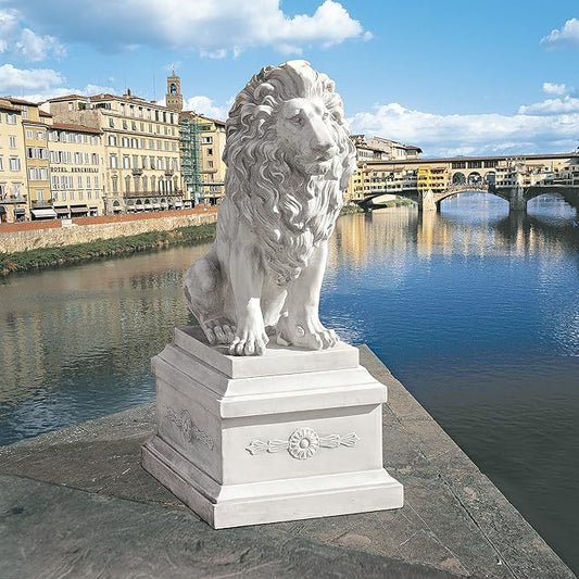 Lion of Florence Sentinel Garden Statue - 28-Inch Antique Stone Resin Indoor/Outdoor Decor