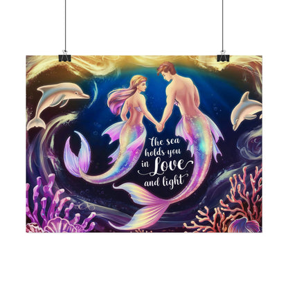 Mermaid Lovers Rolled Poster – The Sea Holds You in Love and Light | Giclée Print | Fine Art, Semi Glossy or Matte | 19 Sizes | Mermaid Couple Wall Art