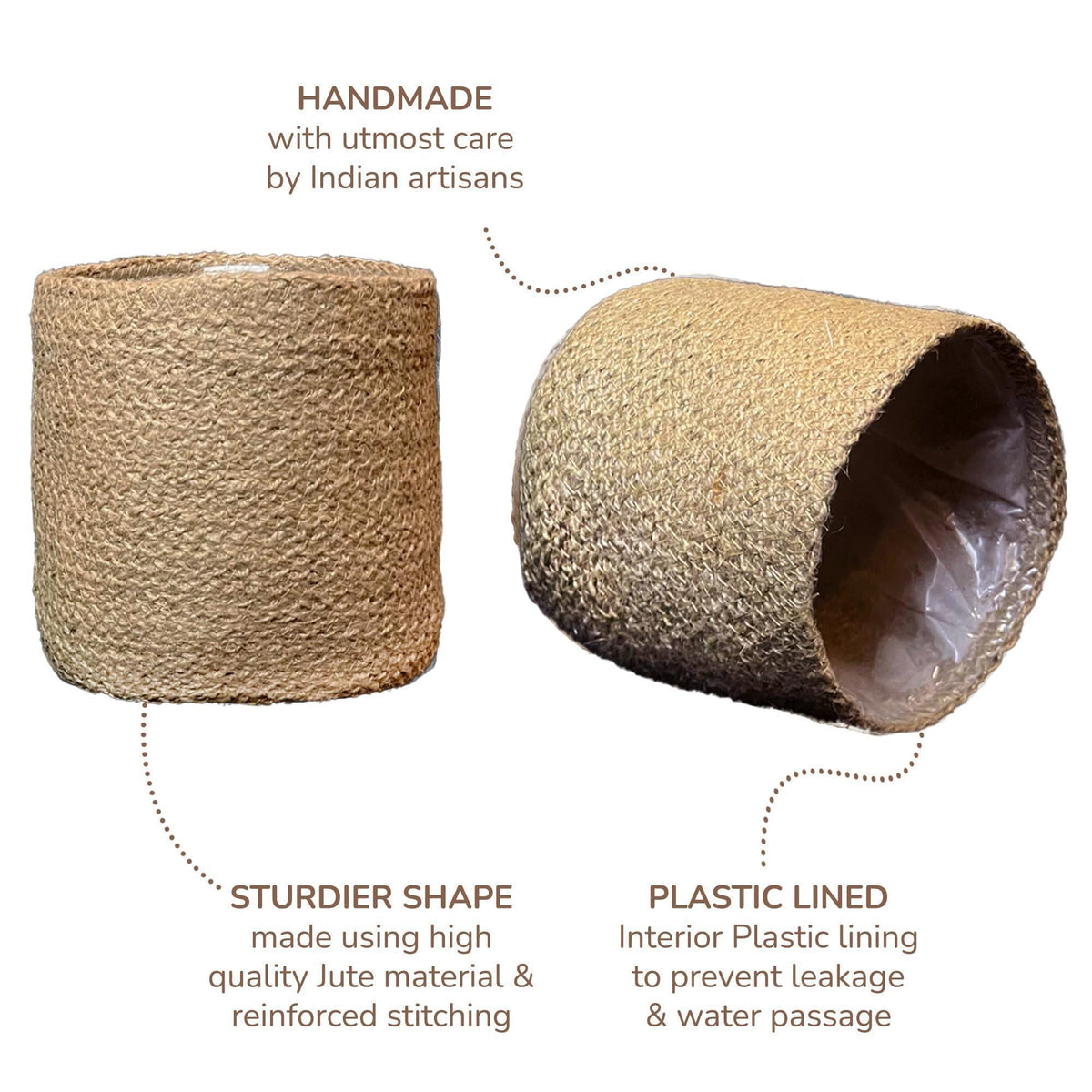 Handwoven jute planter baskets set, natural tan; one basket shows dark plastic-lined interior