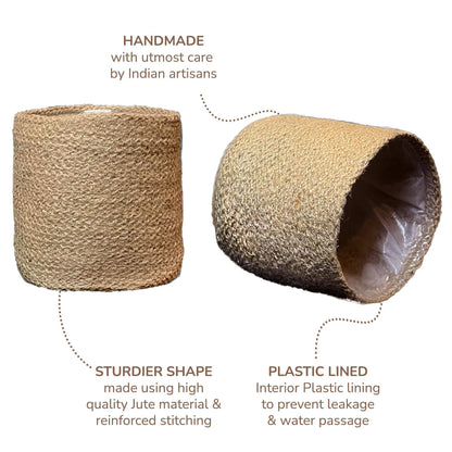 Handwoven jute planter baskets set, natural tan; one basket shows dark plastic-lined interior