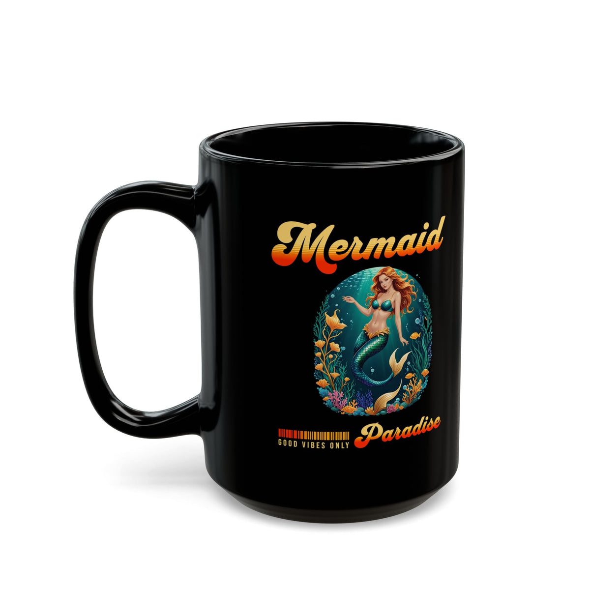 Mermaid Paradise Black Mug – Retro Tropical Ocean Design ‘Good Vibes Only’ | 11oz or 15oz Ceramic | Microwave & Dishwasher Safe | Mermaid Coffee Cup Gift