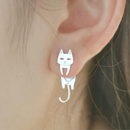 925 sterling silver cat & fish drop earrings with dangling fish charm