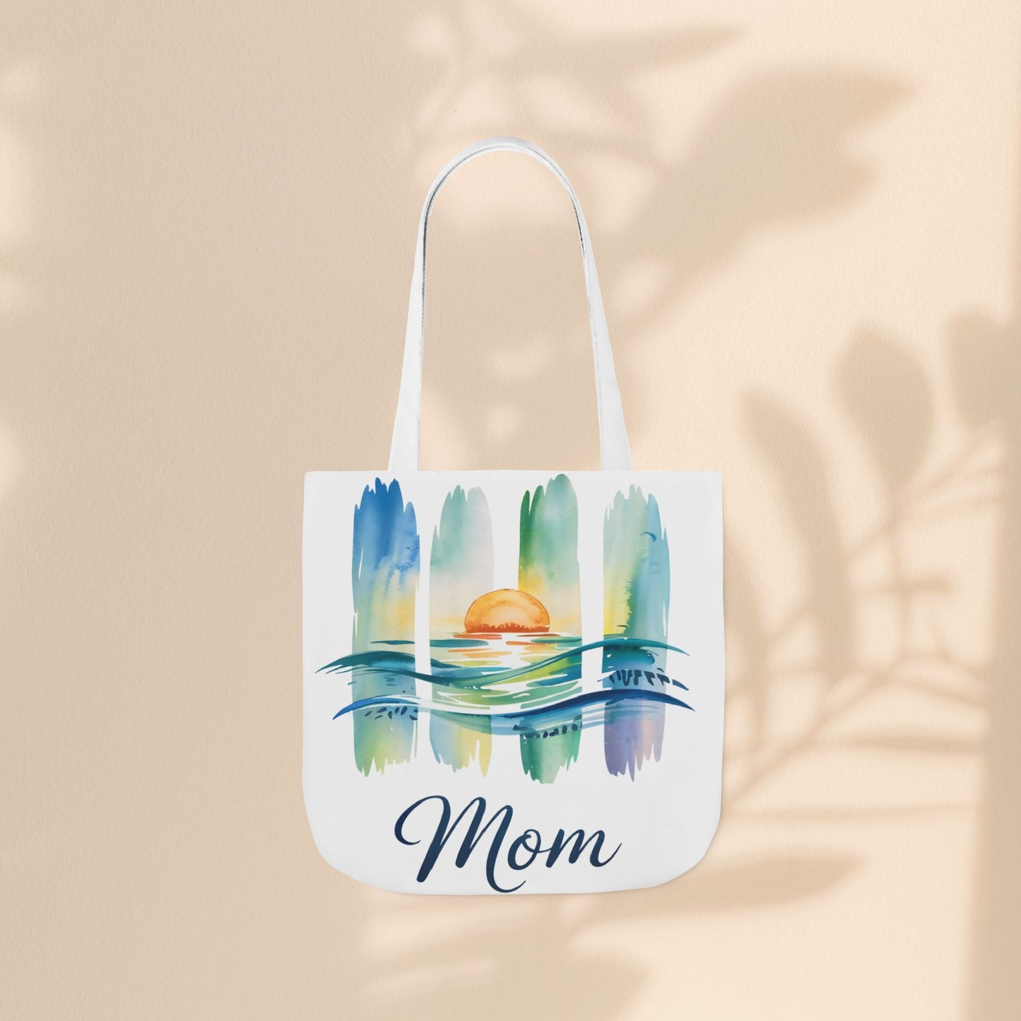 Mom Ocean Sunset Canvas Tote Bag – Watercolour Triptych Design | Polyester Canvas | 3 Sizes × 5 Strap Colours | Gift for Mom
