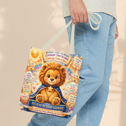 Believe in Your Courage Lion Tote Bag - Cute Leo Lion Kids Encouragement Gift for School, Hospital Visits, and Everyday Adventures
