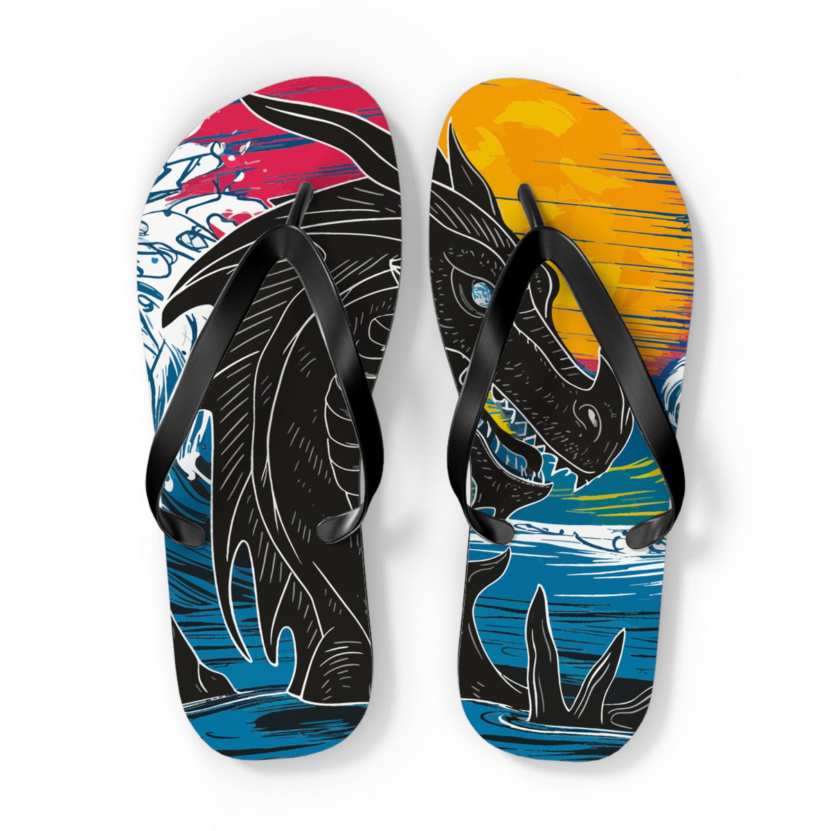 Close view of flip flops with dragon-themed artwork on colorful footbeds.