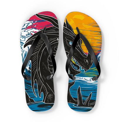 Close view of flip flops with dragon-themed artwork on colorful footbeds.