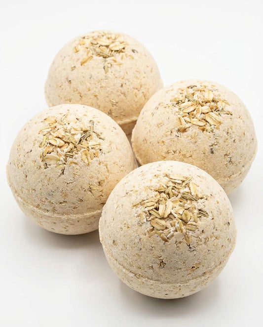 4-pack large oatmeal bath bombs, round with visible oat flakes