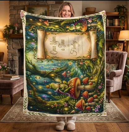 Personalized enchanted forest throw blanket with parchment panel, mushrooms, and lantern lights