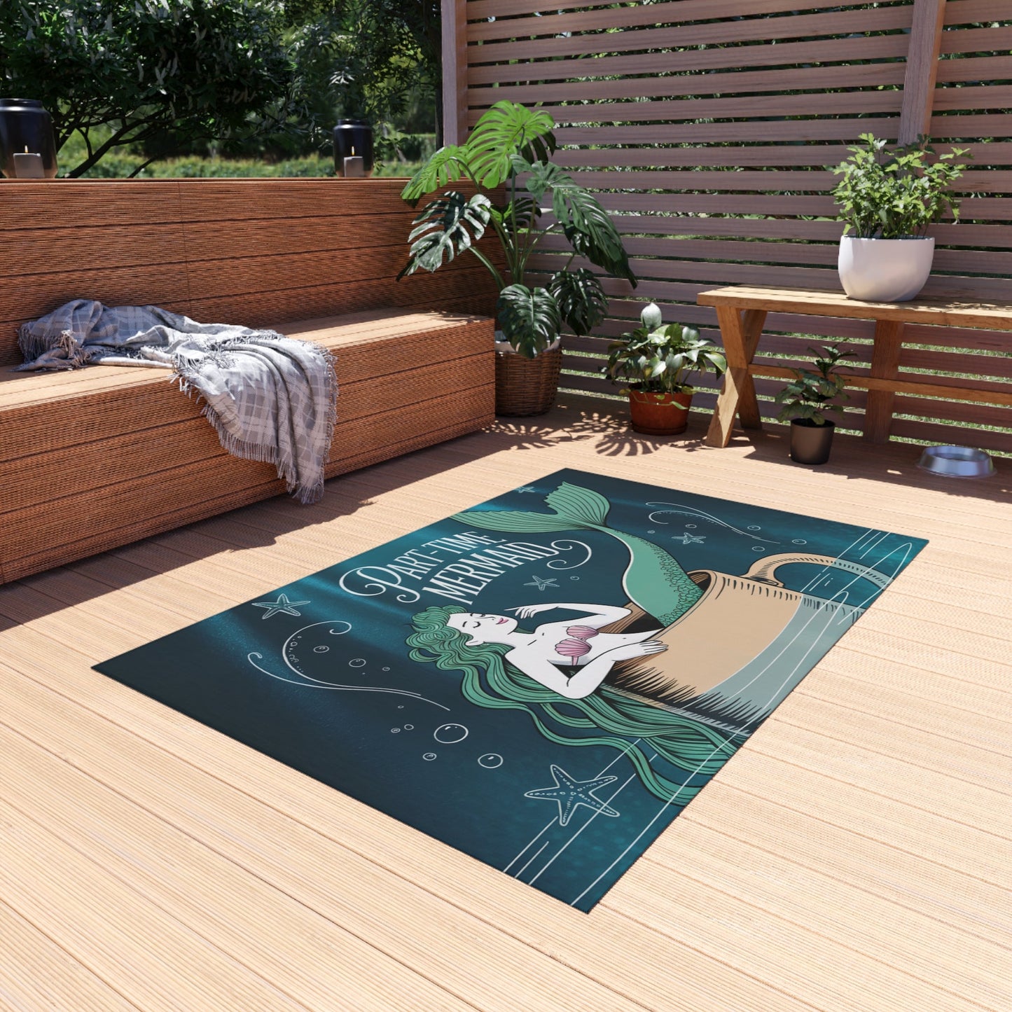 Part-Time Mermaid Outdoor Rug – Whimsical Mermaid in a Coffee Cup Chalk Art | Non-Slip UV-Resistant | 4 Sizes | Beach House Patio Coastal Decor