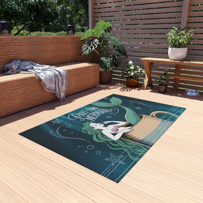Part-Time Mermaid Outdoor Rug – Whimsical Mermaid in a Coffee Cup Chalk Art | Non-Slip UV-Resistant | 4 Sizes | Beach House Patio Coastal Decor