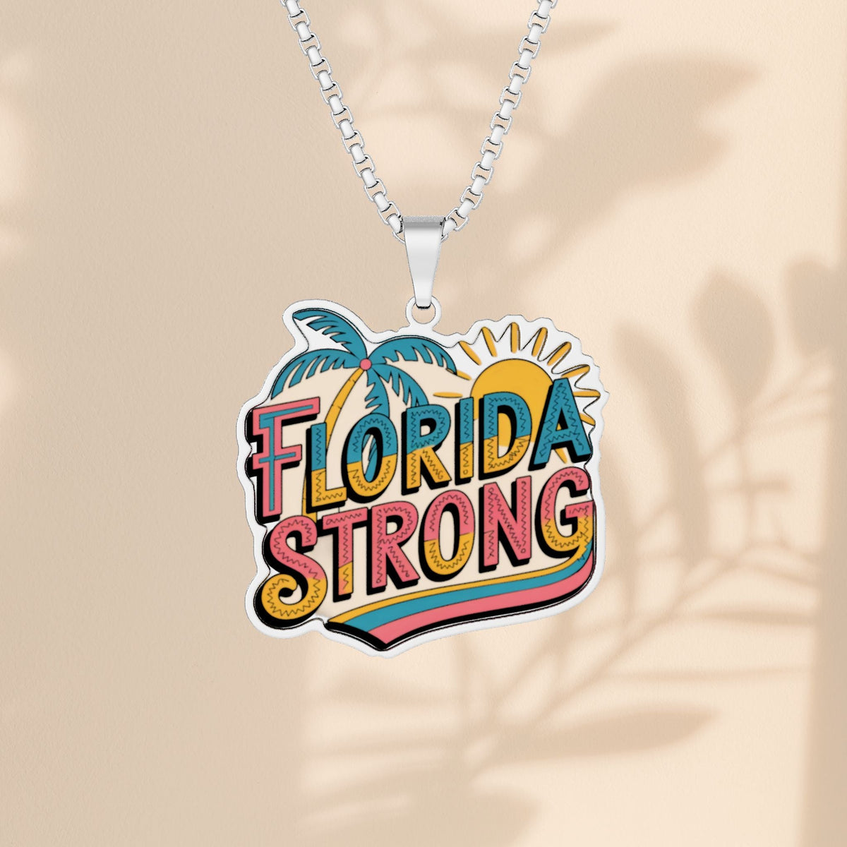 Florida Strong Necklace - Retro Florida Pride Pendant with Palm Tree and Sun, Florida Jewelry Gift in Stainless Steel, Gold, or Silver