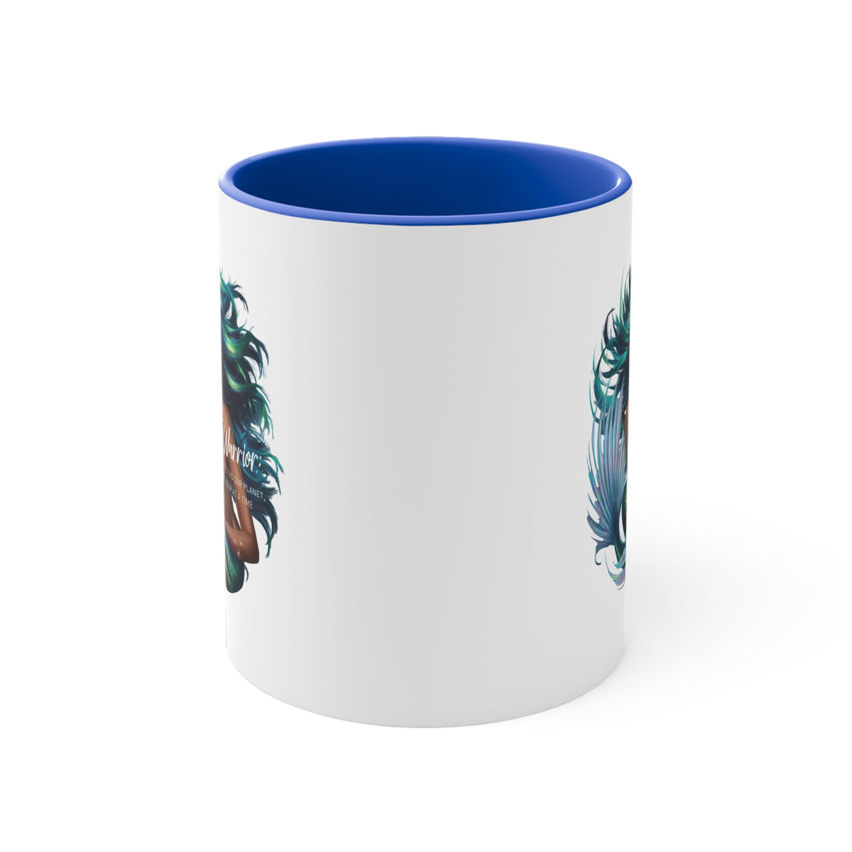 11oz accent mug with teal feather graphic on white body and blue rim