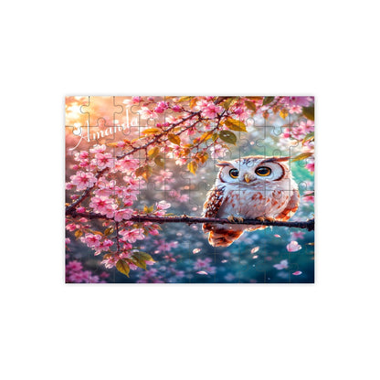 Jigsaw puzzle artwork featuring an owl perched among pink cherry blossoms