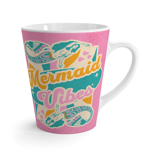 Mermaid Vibes Latte Mug – Retro 70s Pink Mermaid Design with Gold Script | 12oz White Ceramic | Groovy Ocean Coffee Gift