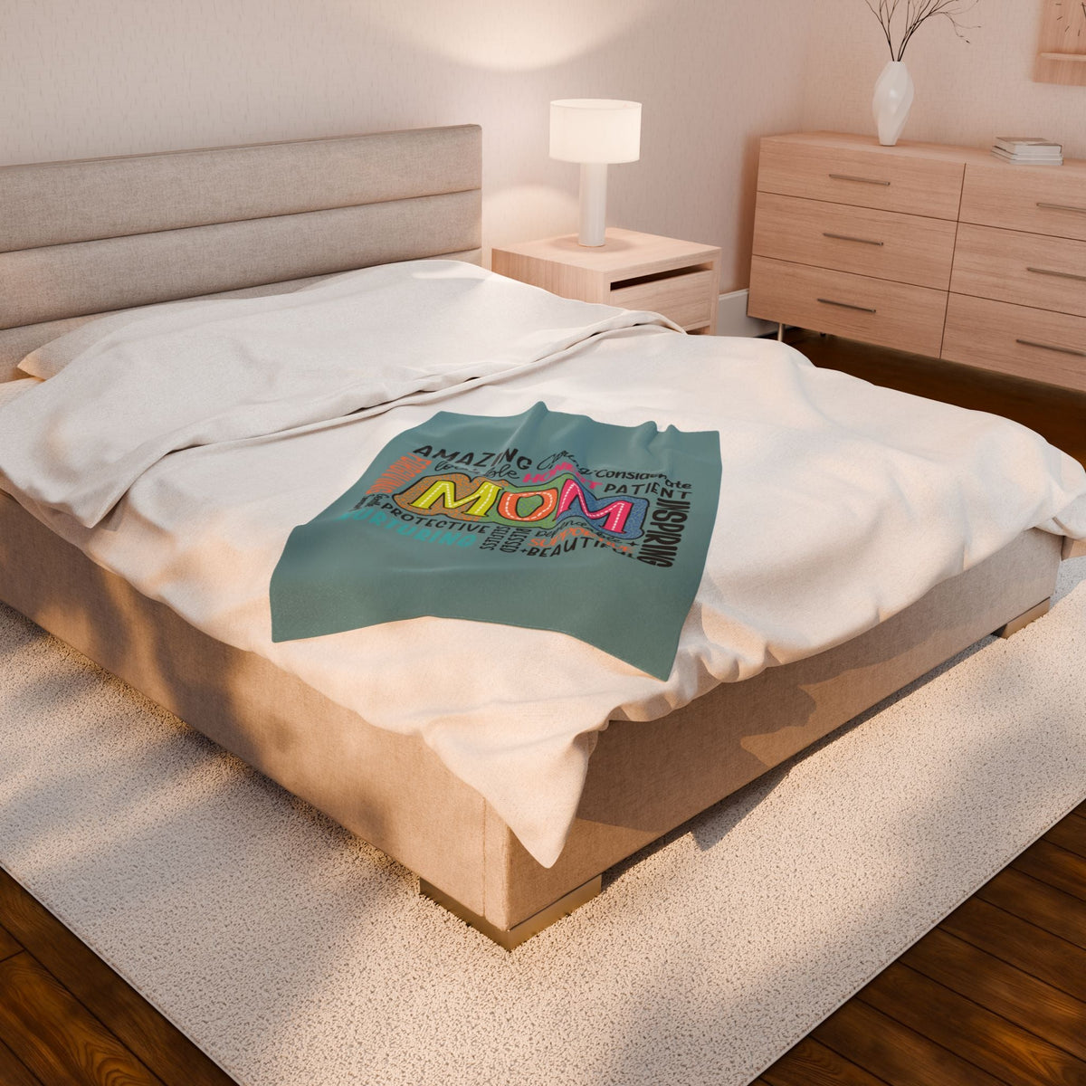 Mom Word Cloud Velveteen Plush Blanket – Amazing, Caring, Inspiring & More | Teal | Super Soft Throw | 3 Sizes | Mother’s Day Gift for Mum